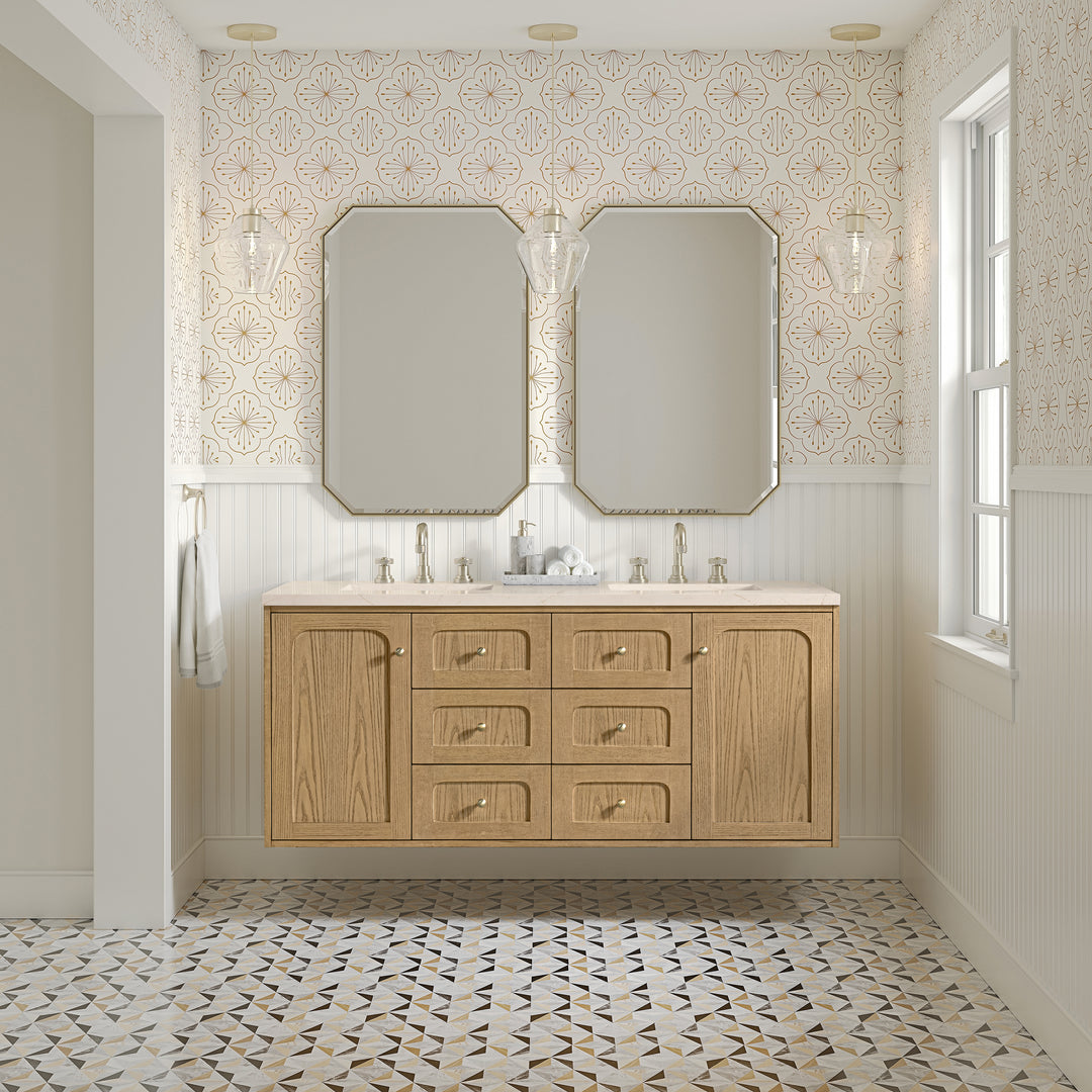 Laurent 60" Double Vanity, Light Natural Oak, w/ 3 CM Eternal Marfil Quartz Top