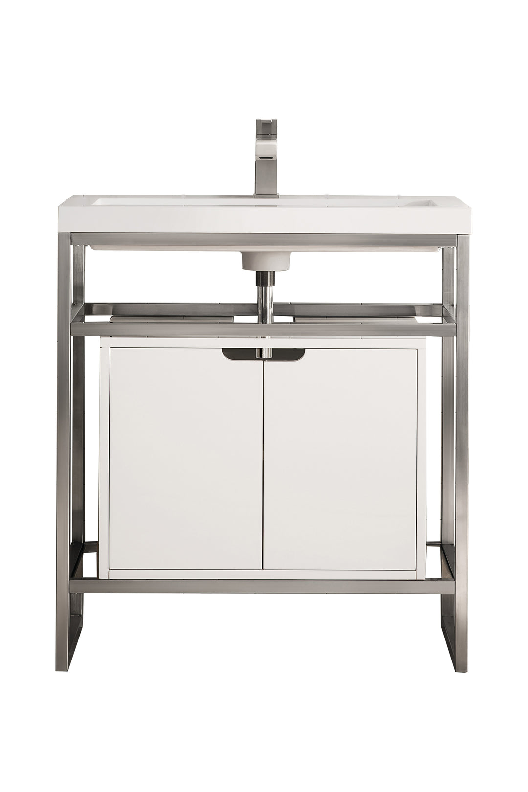 Boston 31.5" Single Console Vanity, Brushed Nickel, Gloss White Storage, White Gloss Composite Stone