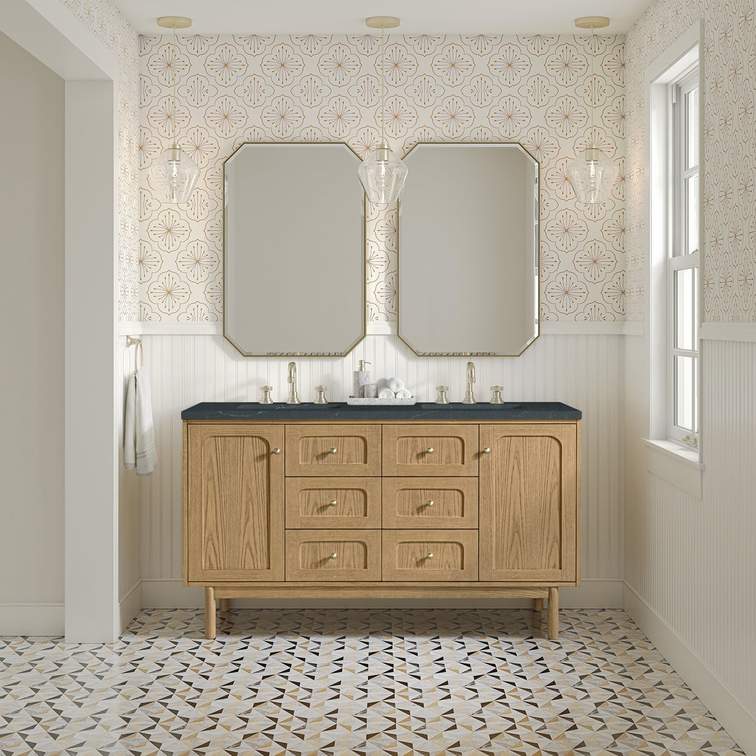 Laurent 60" Double Vanity, Light Natural Oak, w/ 3 CM Charcoal Soapstone Quartz Top