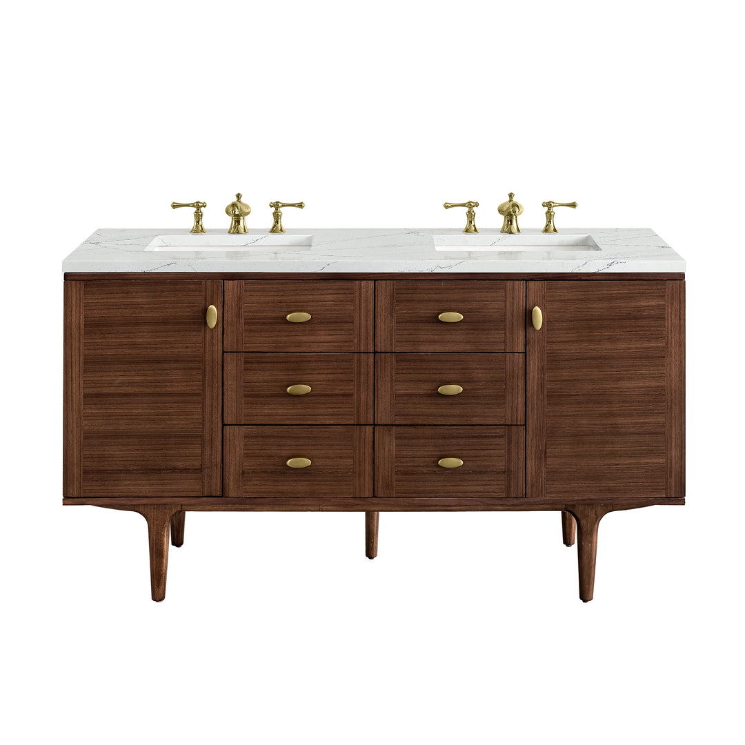 Amberly 60" Double Vanity, Mid-Century Walnut w/ 3 CM Ethereal Noctis Top w/FreePower Wireless Charger