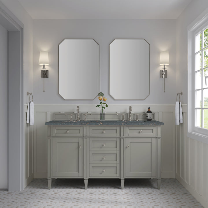 Brittany 60" Double Vanity, Urban Gray w/ 3 CM Parisien Bleu Silestone Top