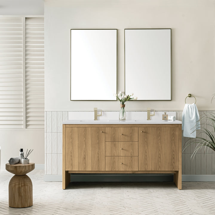 Hudson 60" Double Vanity, Light Natural Oak w/ Single Hole 3 CM White Zeus Top & Backsplash