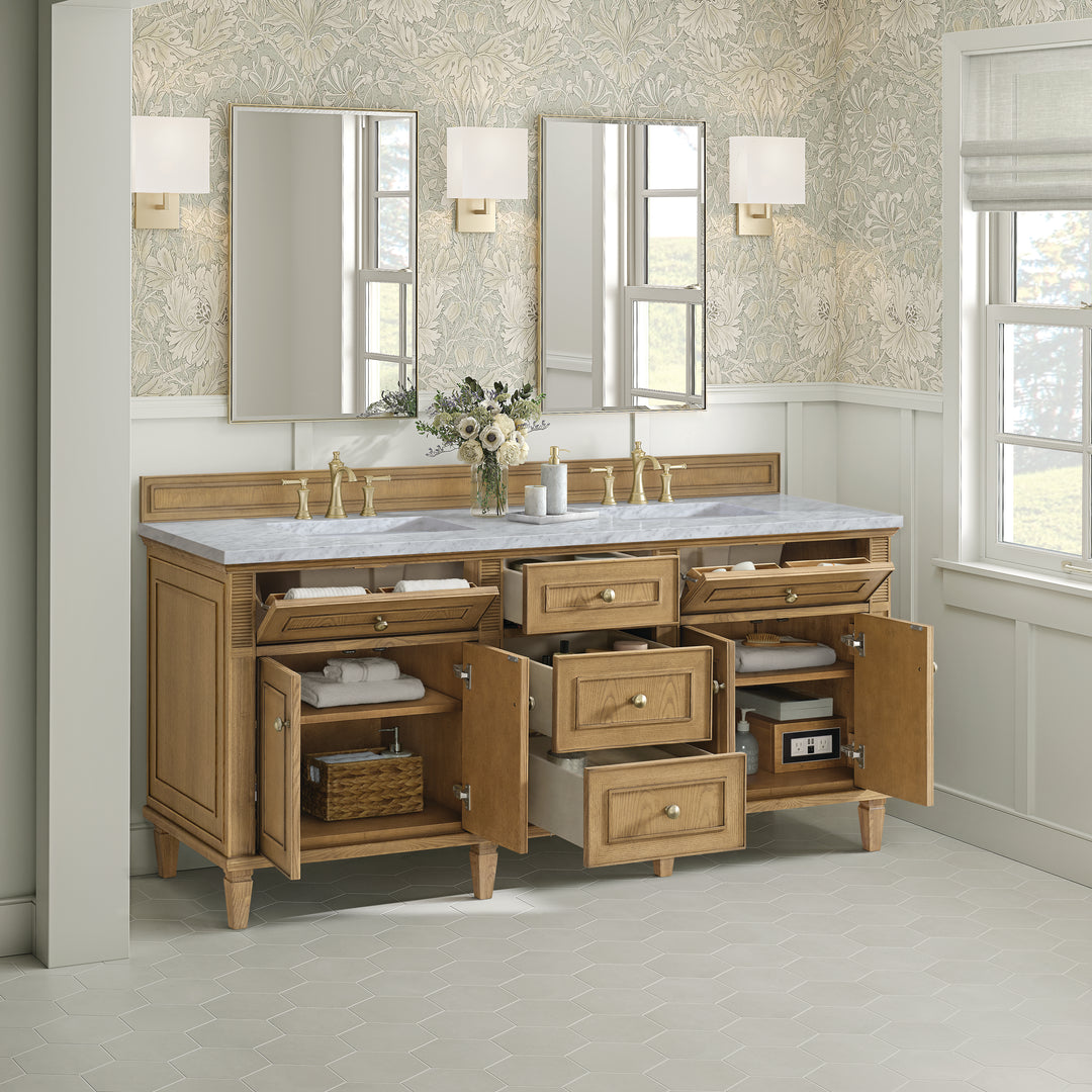 Lorelai 72" Double Vanity, Light Natural Oak w/ 3 CM Carrara White Marble Top