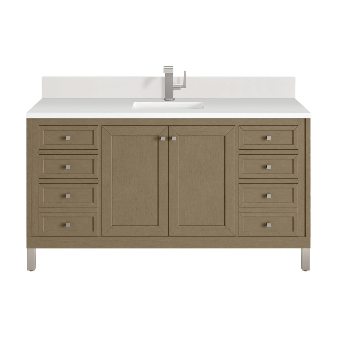 Chicago 60" Single Vanity, Walnut Whisper, w/ Single Hole 3CM White Zeus Silestone® Top & Backsplash