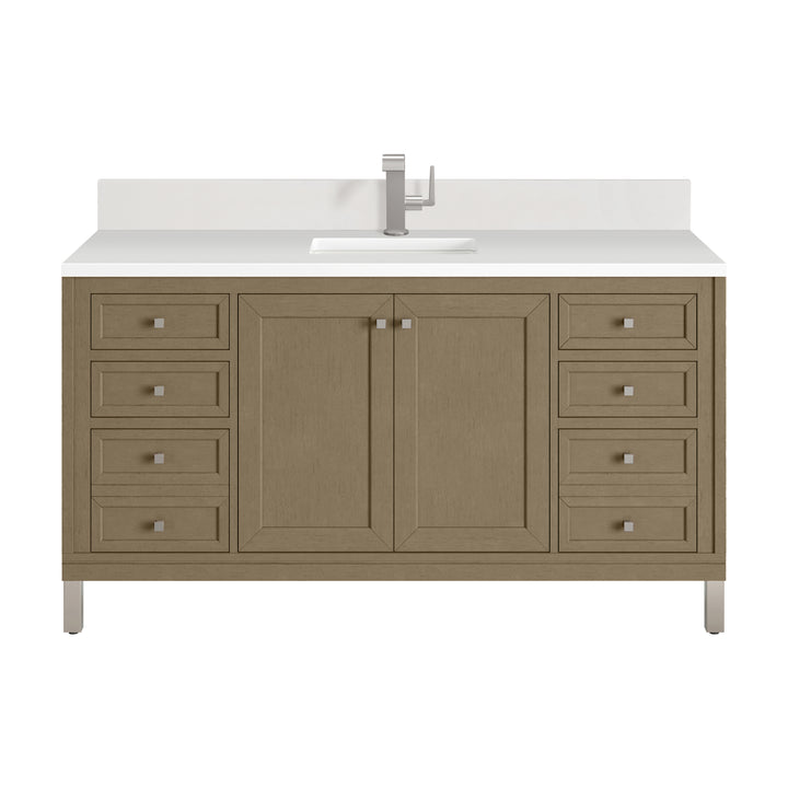 Chicago 60" Single Vanity, Walnut Whisper, w/ Single Hole 3CM White Zeus Silestone® Top & Backsplash