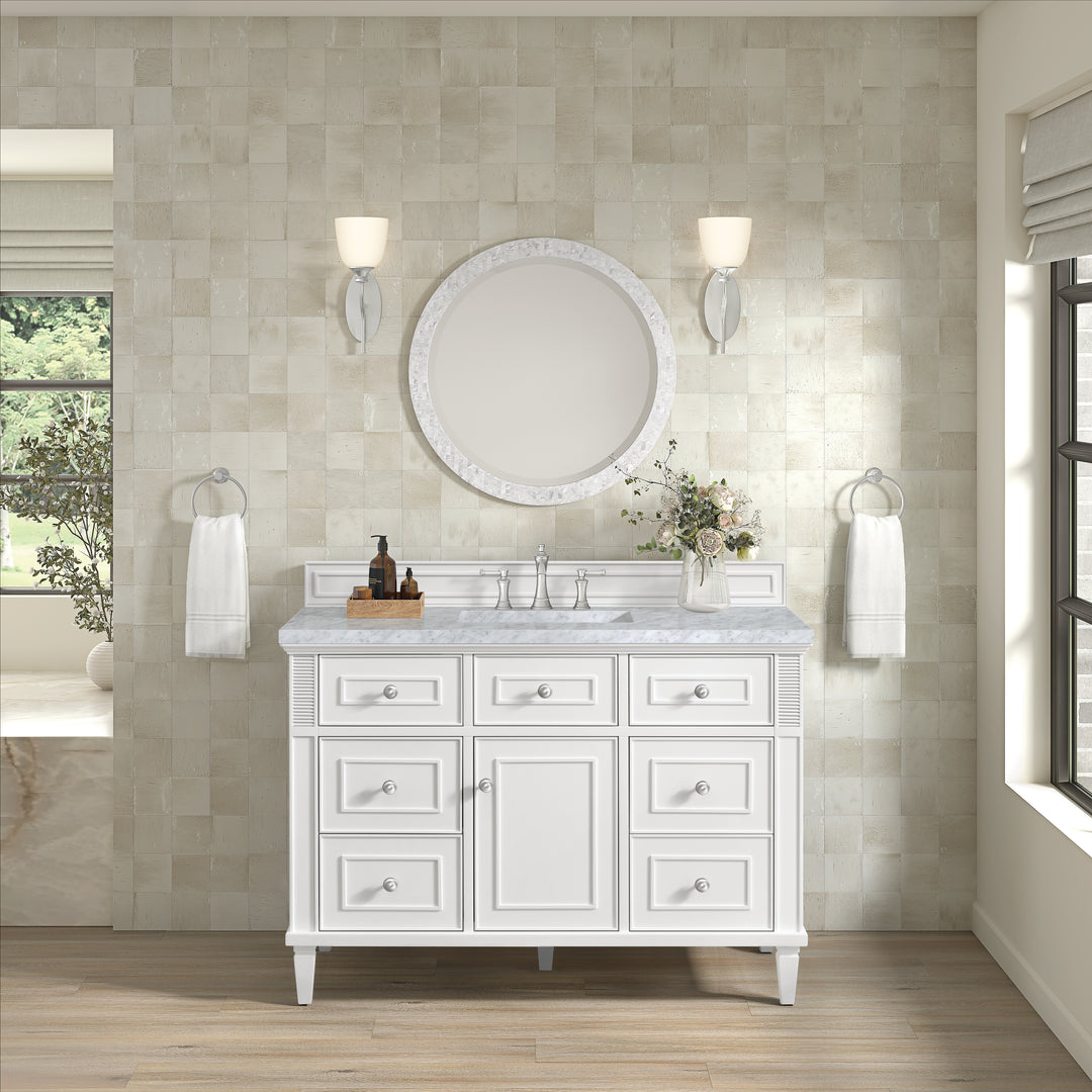 Lorelai 48" Single Vanity, Bright White w/ 3 CM Carrara White Marble Top