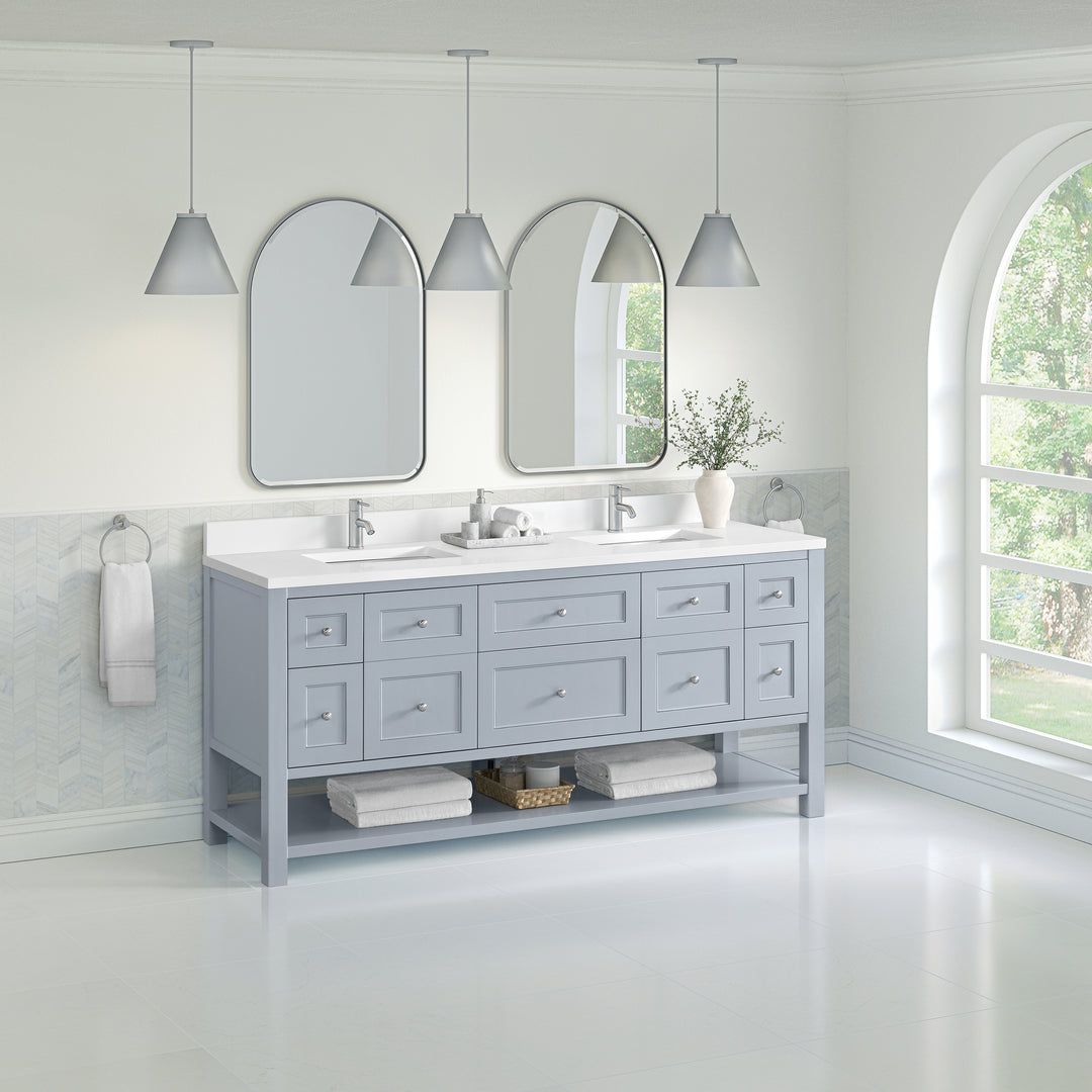 Breckenridge 72" Double Vanity, Serenity Blue, w/ Double Hole 3 CM White Zeus Quartz Top & Backsplash