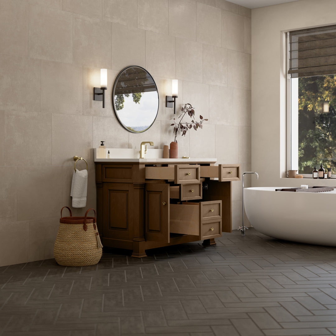 Brookfield 48" Single Vanity, Pecan w/ Single Hole 3CM White Zeus Silestone®  Top & Backsplash