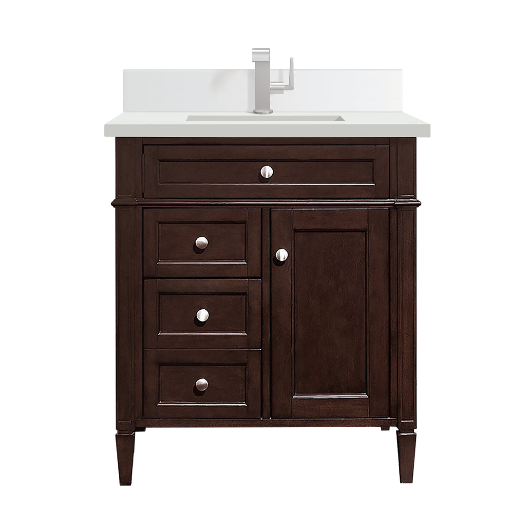 Brittany 30" Single Vanity, Burnished Mahogany, w/ Single Hole 3 CM White Zeus Silestone Top & Backsplash