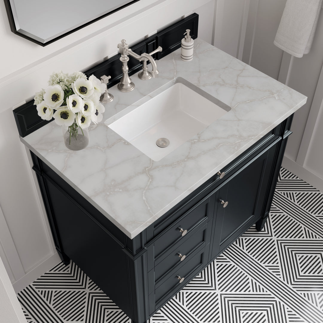 Brittany 36" Single Vanity, Black Onyx w/ 3 CM Victorian Silver Silestone Top