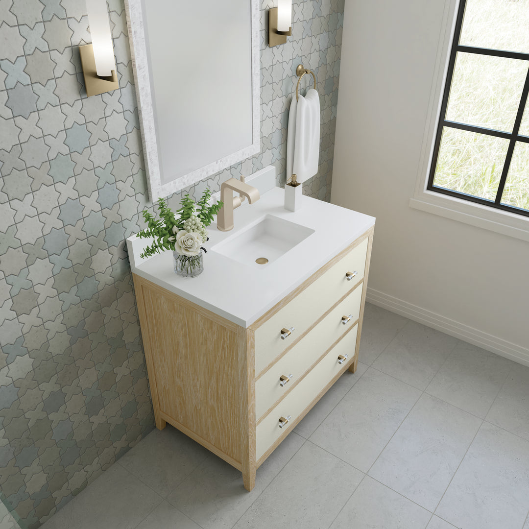 Celeste 36" Single Vanity, Sunwashed Oak with Embossed Shagreen w/ Single Hole 3 CM White Zeus Silestone Top & Backsplash