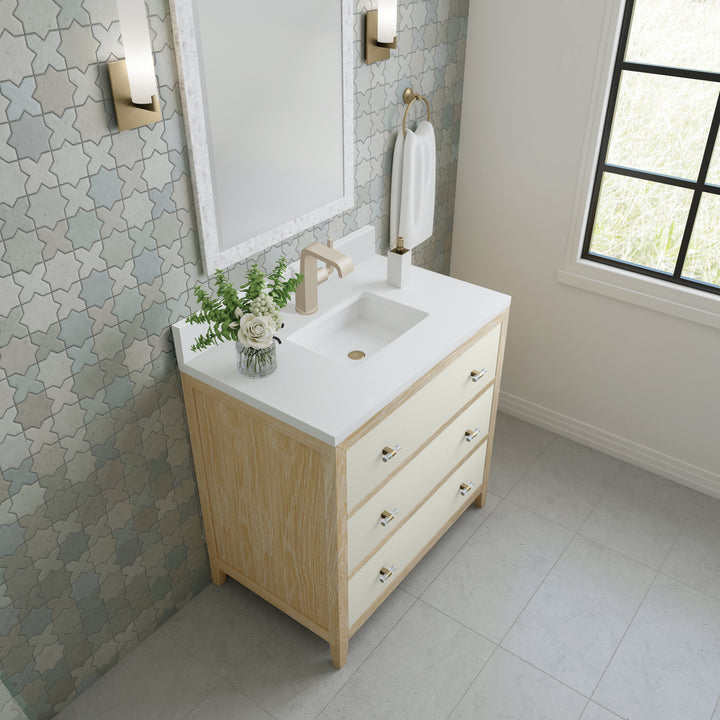 Celeste 36" Single Vanity, Sunwashed Oak with Embossed Shagreen w/ Single Hole 3 CM White Zeus Silestone Top & Backsplash