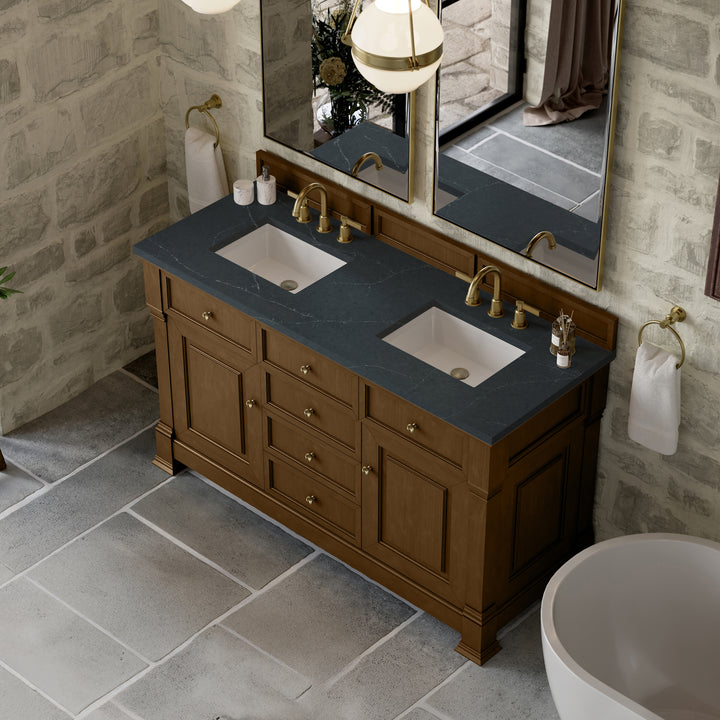 Brookfield 60" Double Vanity, Honey Oak w/3 CM Charcoal Soapstone Silestone® Top