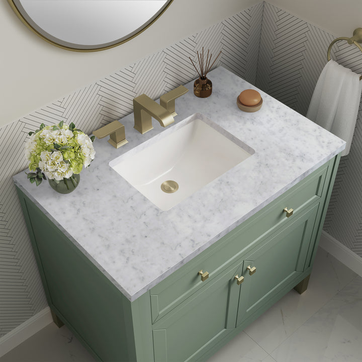 Chicago 36" Single Vanity, Smokey Celadon, w/ 3 CM Carrara Marble Top