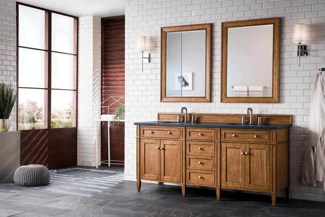 Brittany 72" Double Vanity, Saddle Brown w/ 3 CM Charcoal Soapstone Silestone Top