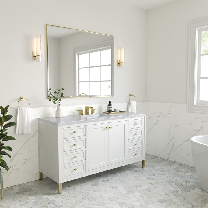 Chicago 60" Single Vanity, Glossy White, w/ 3 CM Carrara Marble Top