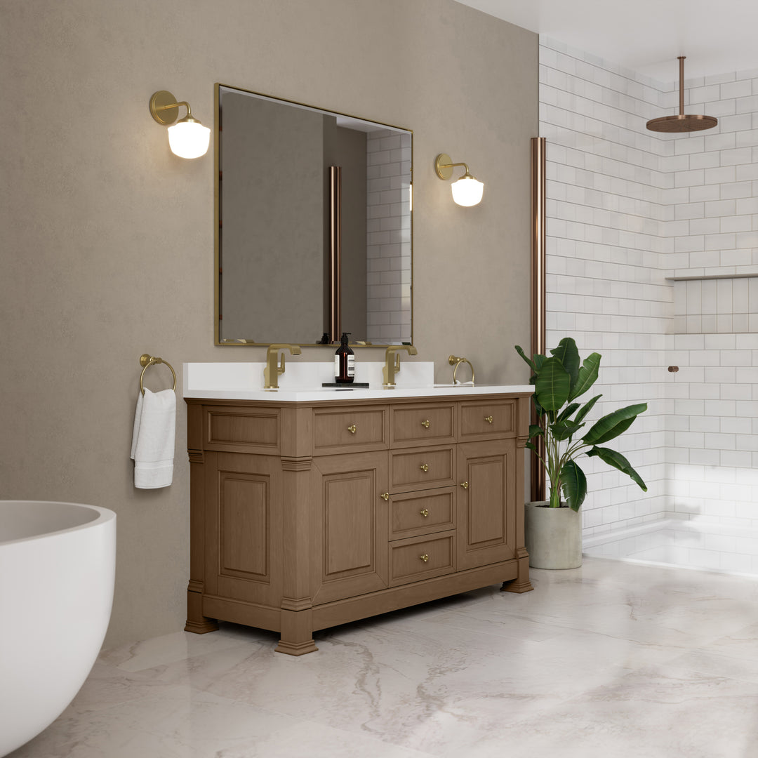 Brookfield 60" Double Vanity, Pecan w/ Single Hole 3CM White Zeus Silestone® Top & Backsplash