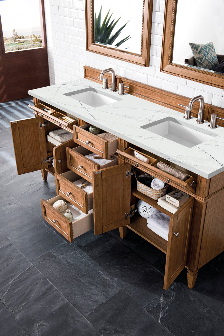 Brittany 72" Double Vanity, Saddle Brown w/ 3 CM Ethereal Noctis Silestone Top