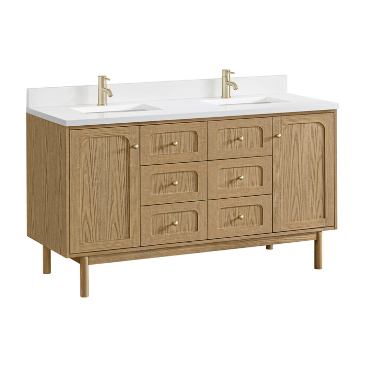 Laurent 60" Double Vanity, Light Natural Oak, w/ Single Hole 3 CM White Zeus Quartz Top & Backsplash