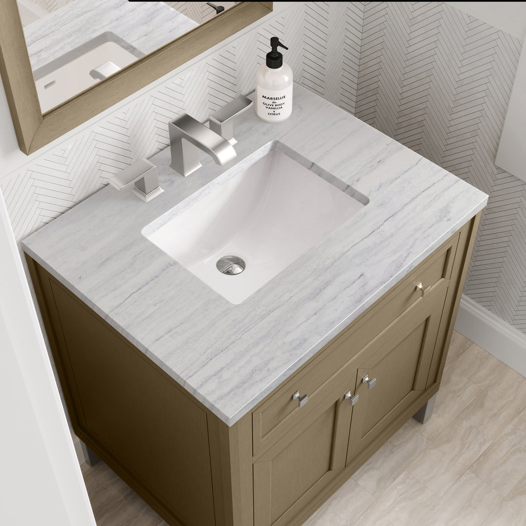 Chicago 30" Single Vanity, Walnut Whisper, w/ 3 CM Arctic Fall Solid Surface Top