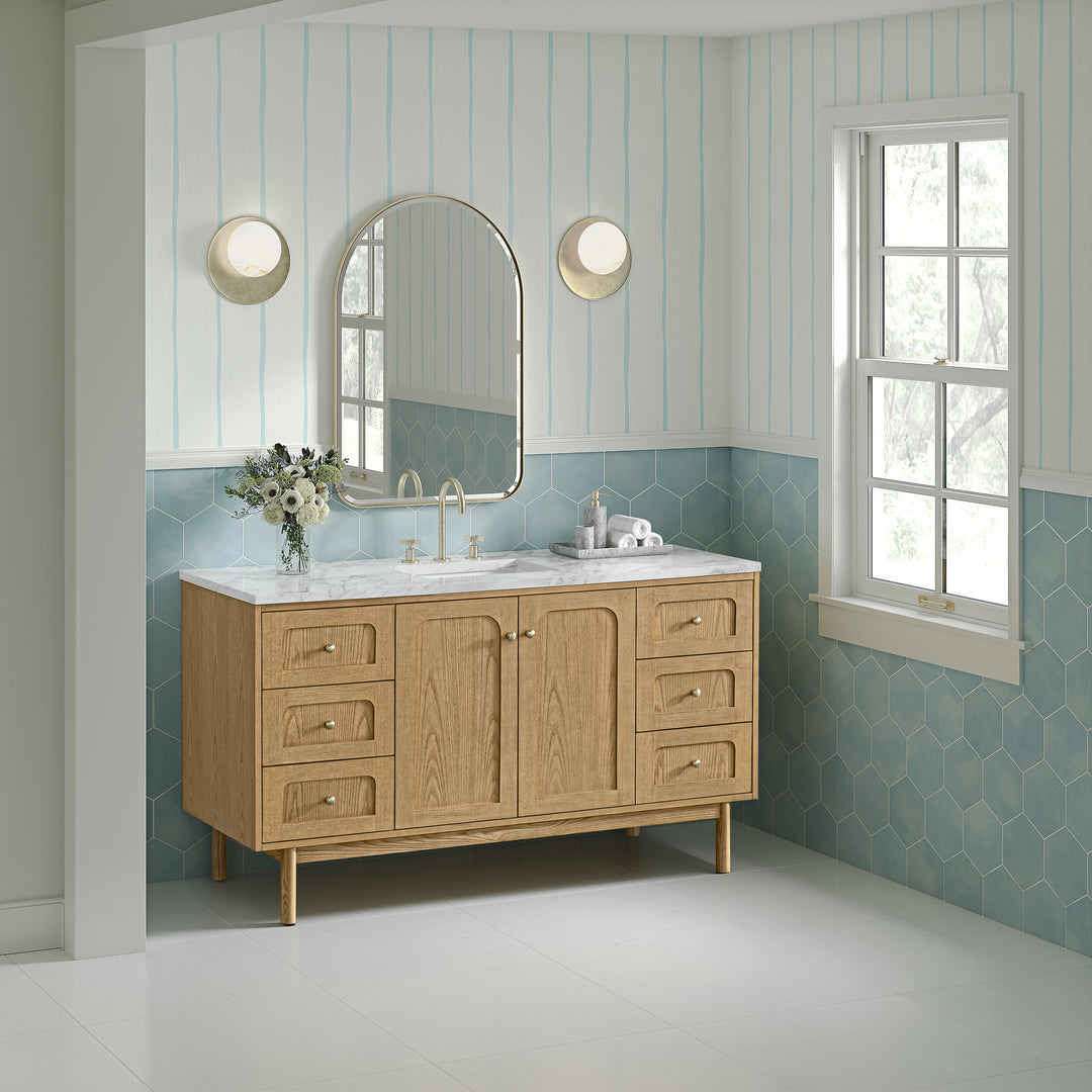 Laurent 60" Single Vanity, Light Natural Oak, w/ 3 CM Carrara Marble Top