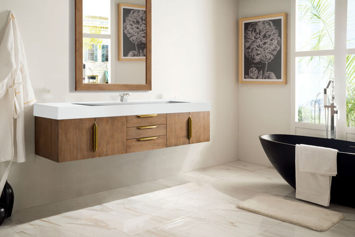 Columbia 72" Single Wall Mount Vanity, Latte Oak, Radiant Gold w/ Glossy White Composite Stone Top