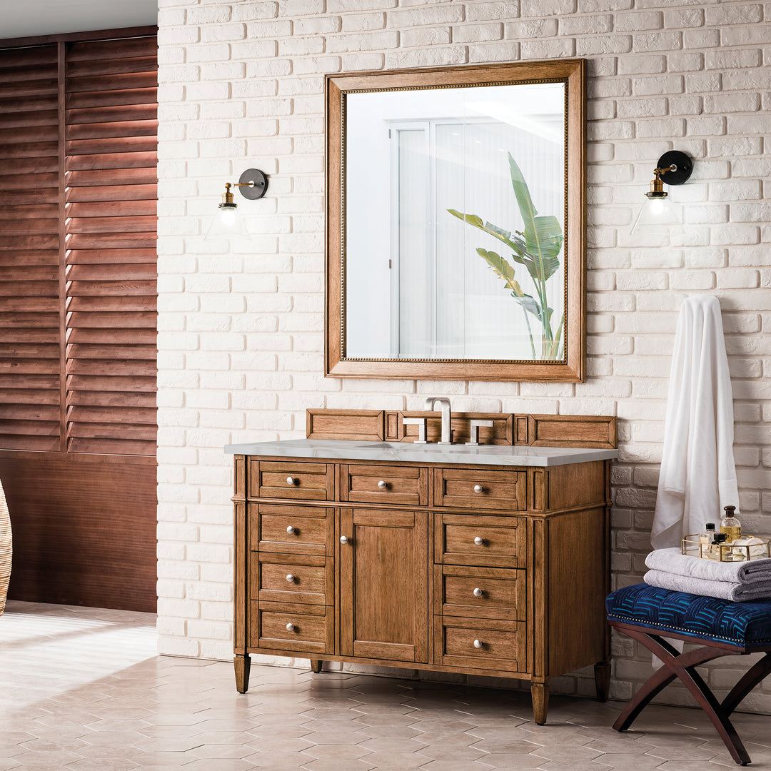 Brittany 48" Single Vanity, Saddle Brown w/ 3 CM Victorian Silver Silestone Top w/FreePower Wireless Charger