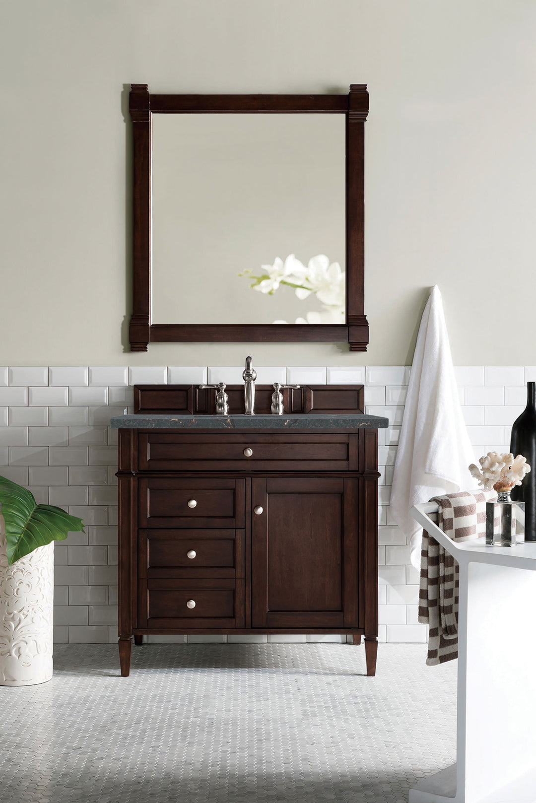 Brittany 36" Single Vanity, Burnished Mahogany w/ 3 CM Parisien Bleu Silestone Top