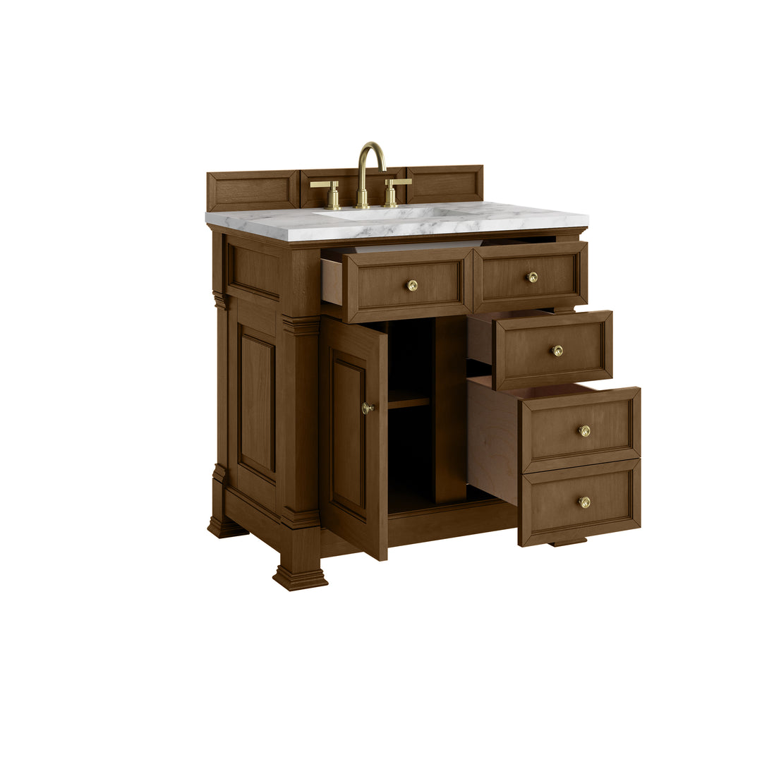 Brookfield 36" Single Vanity, Honey Oak w/ 3 cm Carrara White Marble Top
