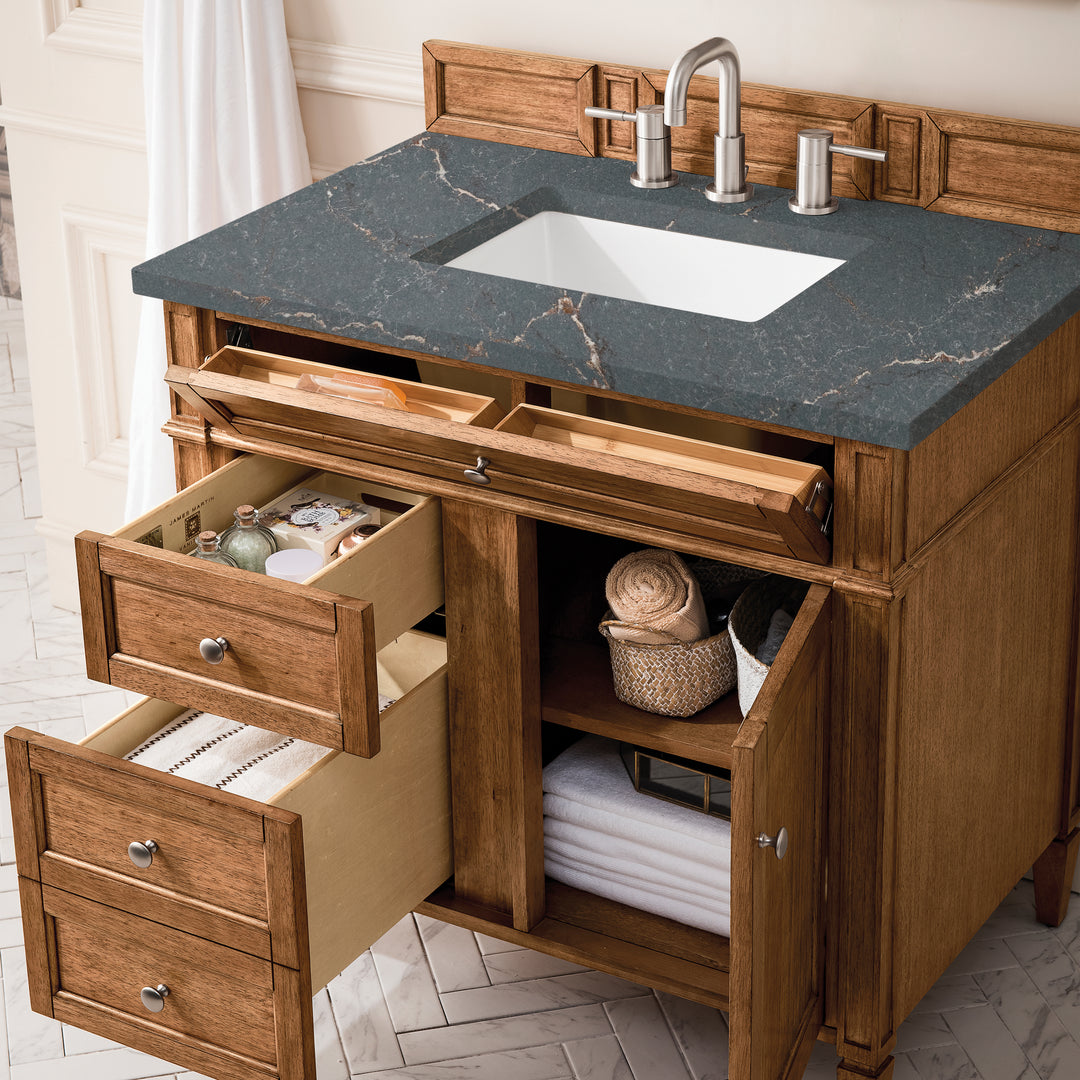 Brittany 36" Single Vanity, Saddle Brown w/ 3 CM Parisien Bleu Silestone Top