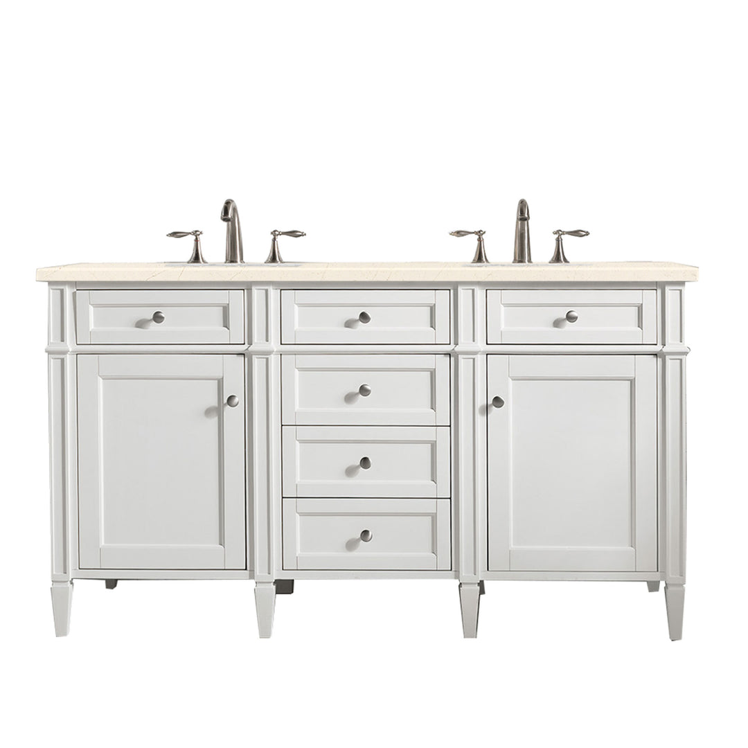 Brittany 60" Double Vanity, Bright White Vanity w/ 3 CM Eternal Marfil Silestone Top