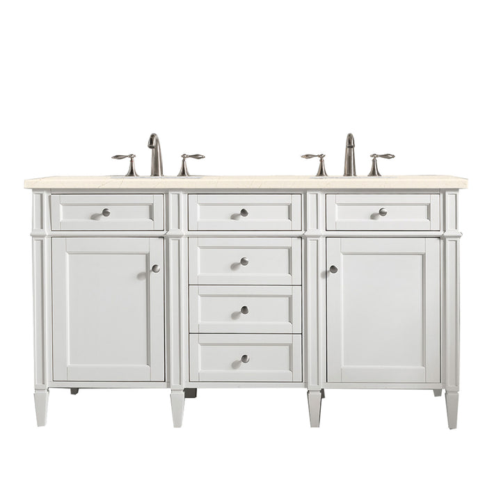 Brittany 60" Double Vanity, Bright White Vanity w/ 3 CM Eternal Marfil Silestone Top