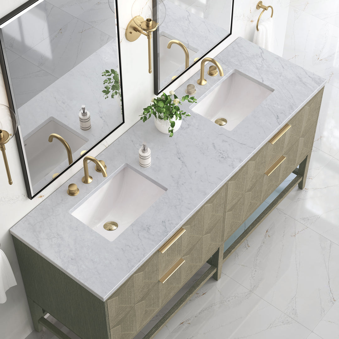 Emmeline 72" Double Vanity, Pebble Oak w/ 3 CM Carrara Marble Top