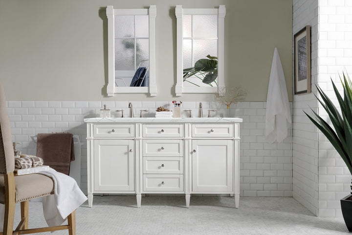 Brittany 60" Double Vanity, Bright White Vanity w/ 3 CM Ethereal Noctis Silestone Top