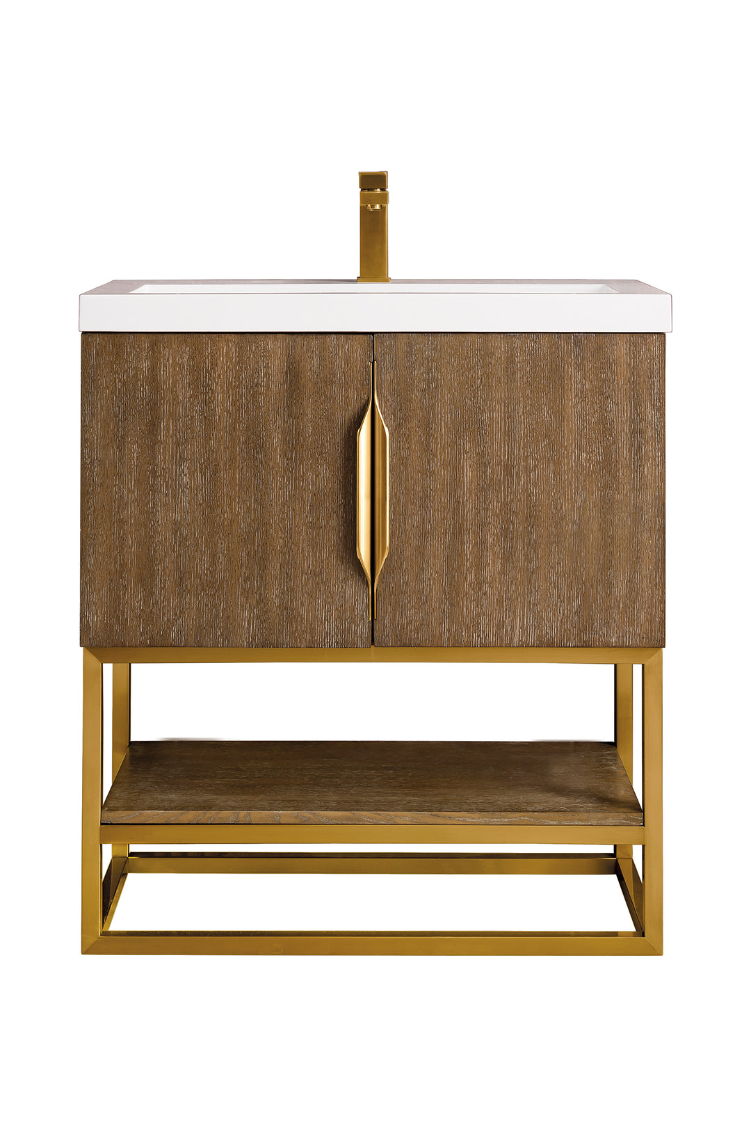Columbia 31.5" Single Vanity, Latte Oak, Radiant Gold, w/ White Glossy Composite Stone Top