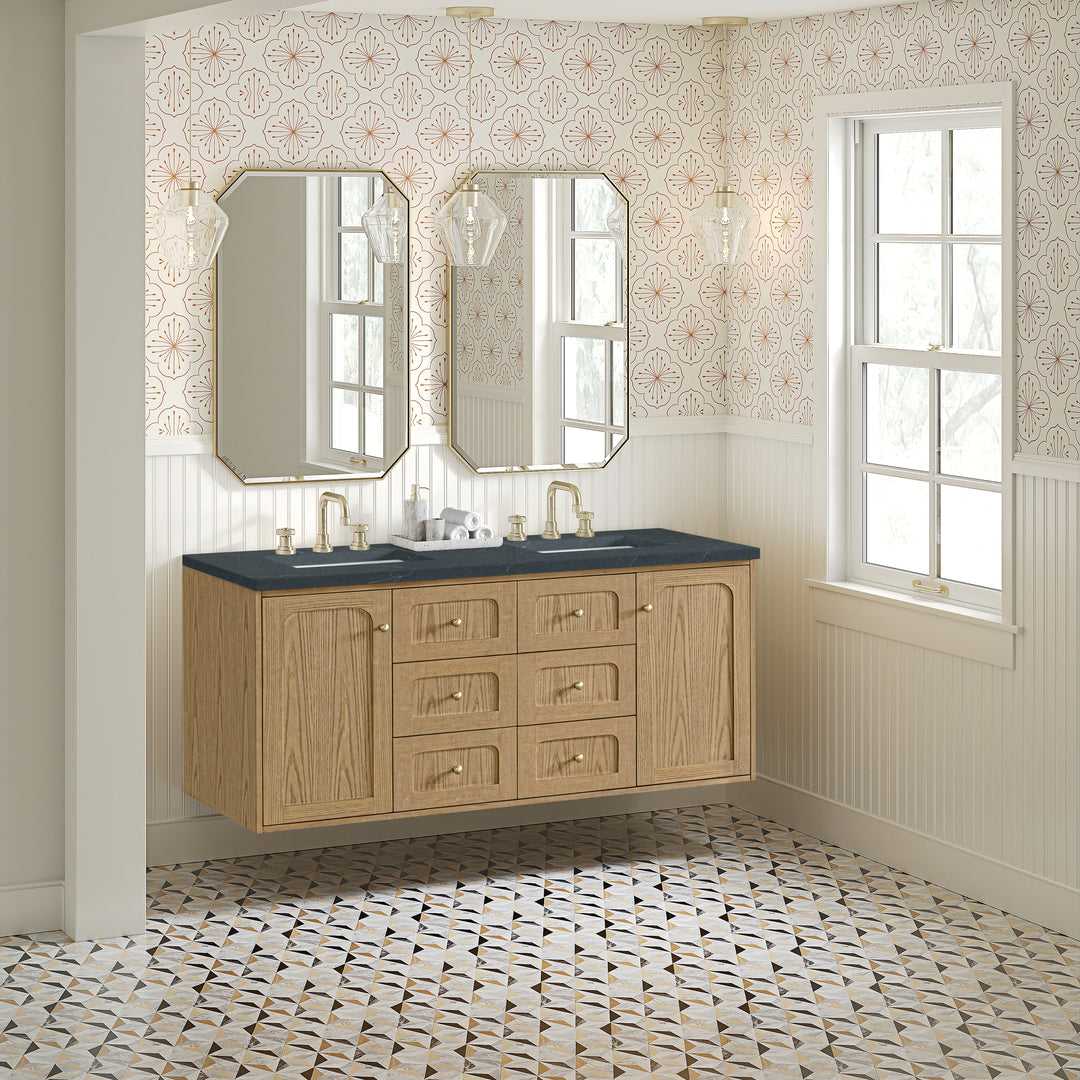 Laurent 60" Double Vanity, Light Natural Oak, w/ 3 CM Charcoal Soapstone Quartz Top