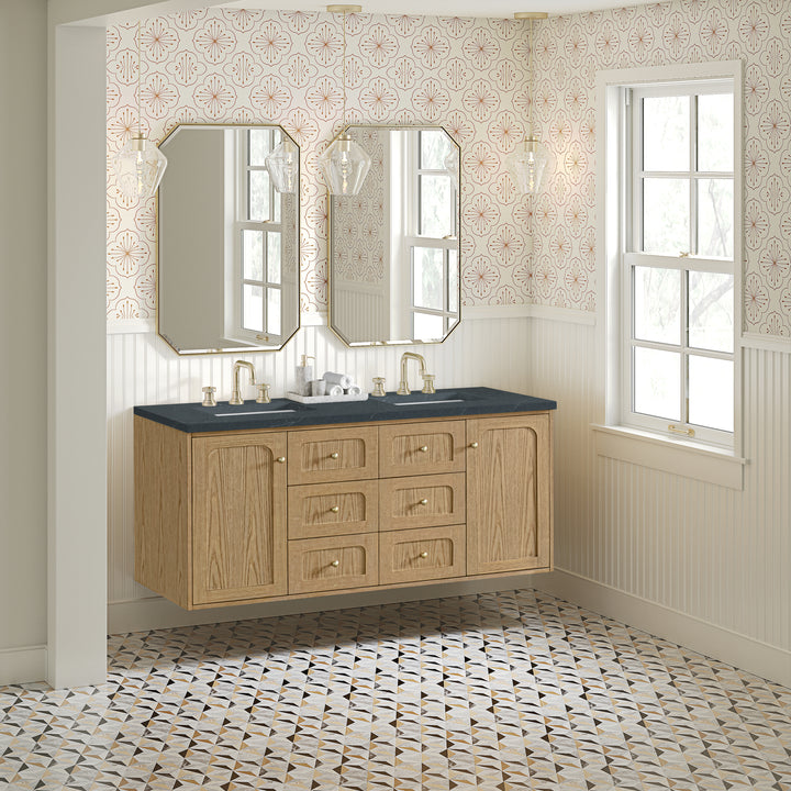 Laurent 60" Double Vanity, Light Natural Oak, w/ 3 CM Charcoal Soapstone Quartz Top