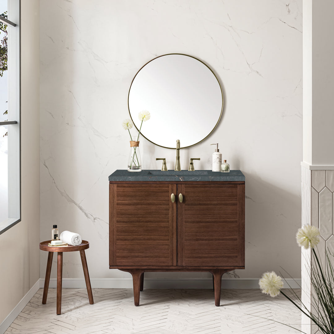 Amberly 36" Single Vanity, Mid-Century Walnut w/ 3 CM Parisien Bleu Top