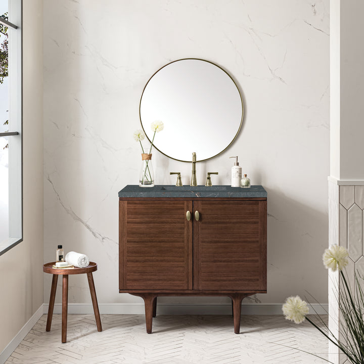 Amberly 36" Single Vanity, Mid-Century Walnut w/ 3 CM Parisien Bleu Top