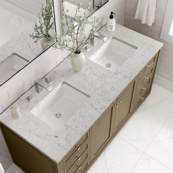 Chicago 60" Double Vanity, Walnut Whisper, w/ 3 CM Eternal Jasmine Pearl Silestone® Top w/FreePower Wireless Charger