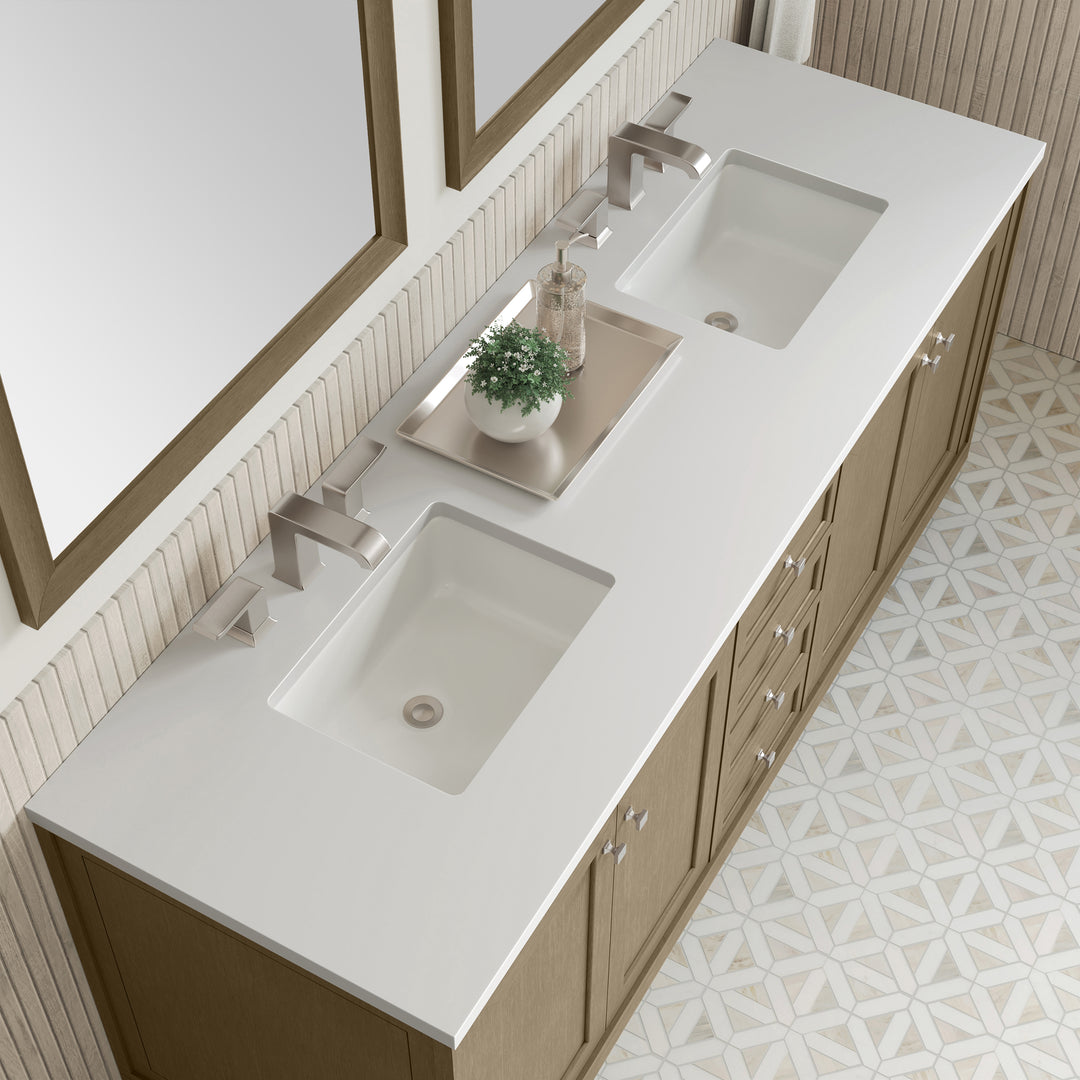 Chicago 72" Double Vanity, Walnut Whisper, w/ 3 CM White Zeus Silestone® Top
