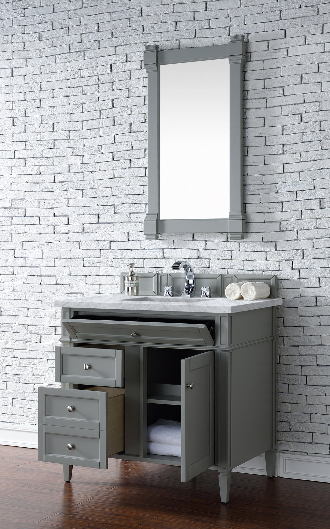 Brittany 36" Single Vanity, Urban Gray w/ 3 CM Carrara Marble Top