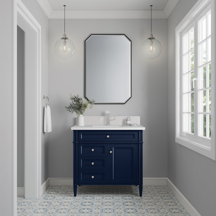 Brittany 36" Single Vanity, Victory Bleu w/ Single Hole 3 CM White Zeus Silestone Top & Backsplash