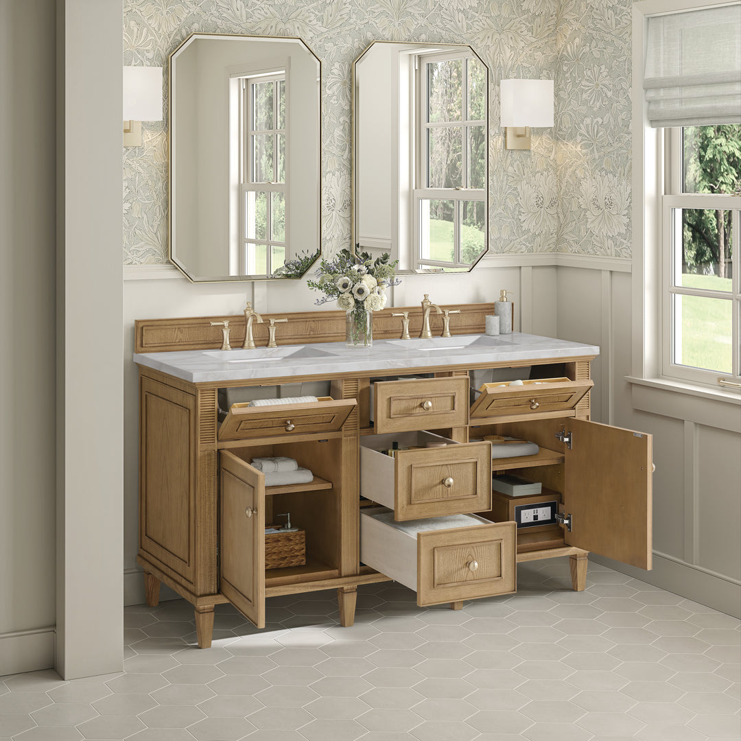 Lorelai 60" Double Vanity, Light Natural Oak w/ 3 CM Victorian Silver Silestone Top w/FreePower Wireless Charger