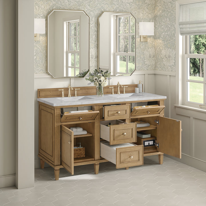 Lorelai 60" Double Vanity, Light Natural Oak w/ 3 CM Victorian Silver Silestone Top w/FreePower Wireless Charger