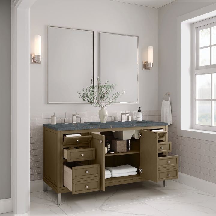 Chicago 60" Double Vanity, Walnut Whisper, w/ 3 CM Parisien Bleu Silestone® Top w/FreePower Wireless Charger