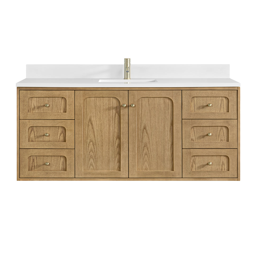 Laurent 60" Single Vanity, Light Natural Oak, w/ Single Hole 3 CM White Zeus Quartz Top & Backsplash