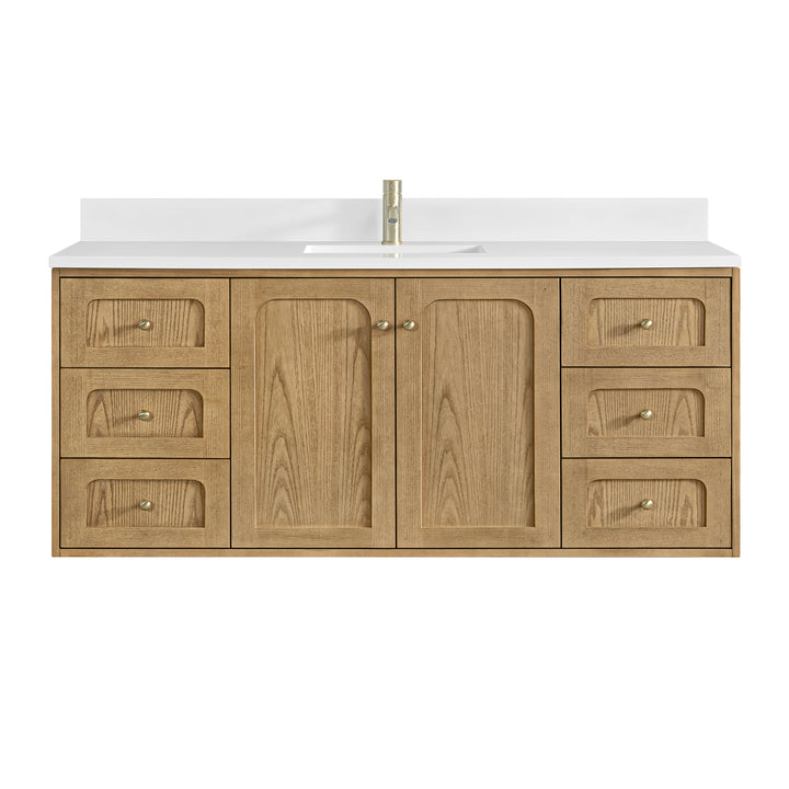Laurent 60" Single Vanity, Light Natural Oak, w/ Single Hole 3 CM White Zeus Quartz Top & Backsplash