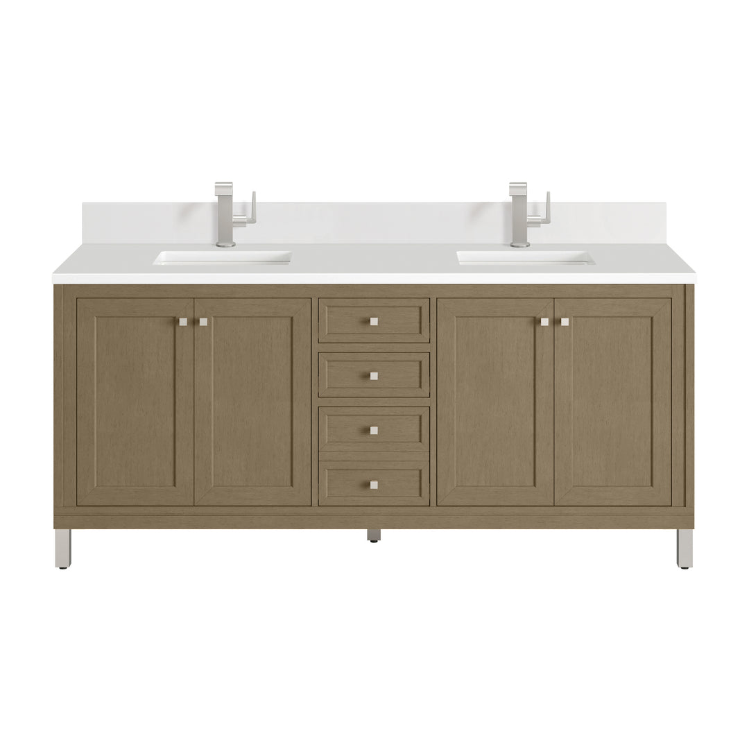 Chicago 72" Double Vanity, Walnut Whisper, w/ Single Hole 3CM White Zeus Silestone® Top & Backsplash