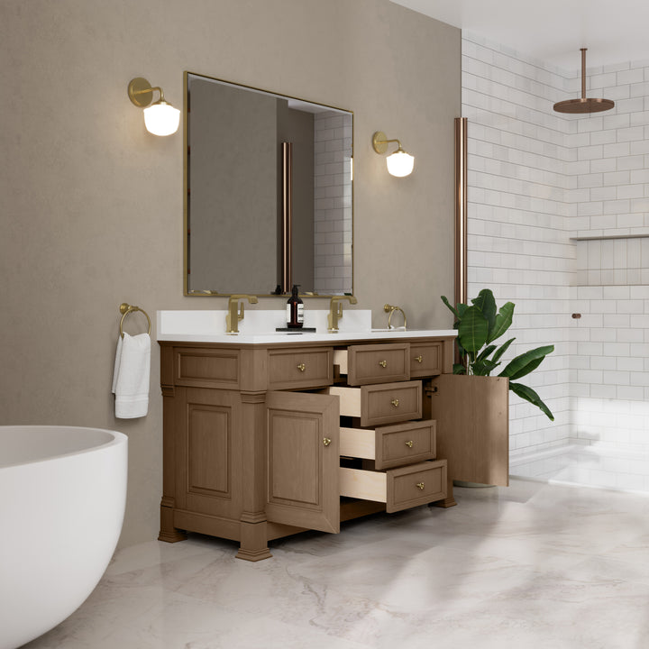 Brookfield 60" Double Vanity, Pecan w/ Single Hole 3CM White Zeus Silestone® Top & Backsplash